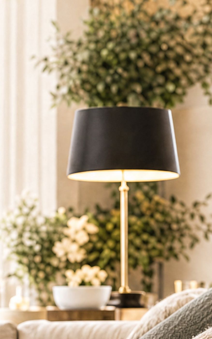 Een woonhoek met schemerlamp en planten