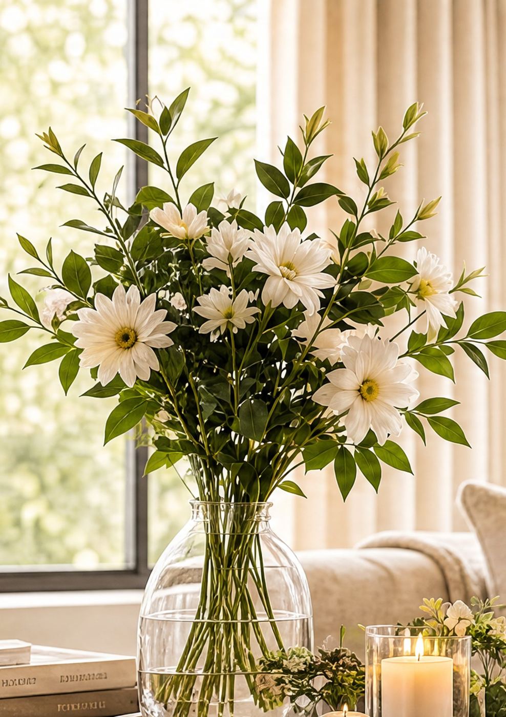 Verse bloemen in een glazen vaas bij het raam